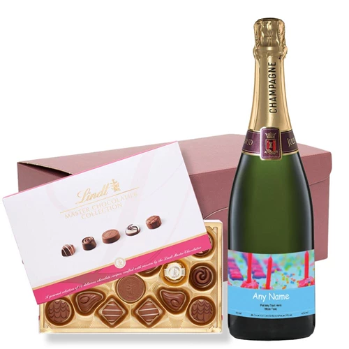 Personalised Champagne - Cake & Candles Label and Lindt Master Chocolatier Hamper – Premium Gift